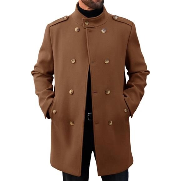 Men's Trench Coat Double Breasted Stand Collar Pea Coat Mid Long Overcoat